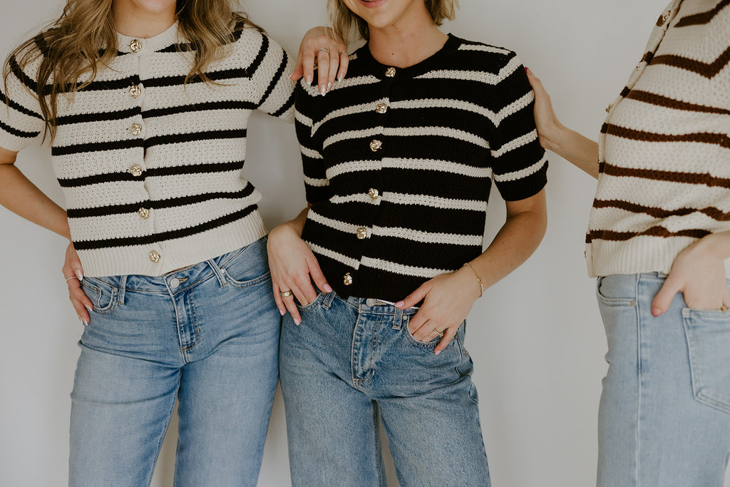 Striped Knit Short Sleeve Cardi - Natural