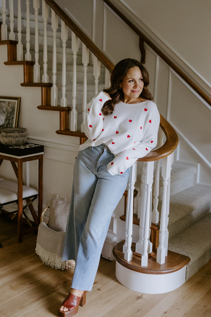 White Sweater with Red Hearts