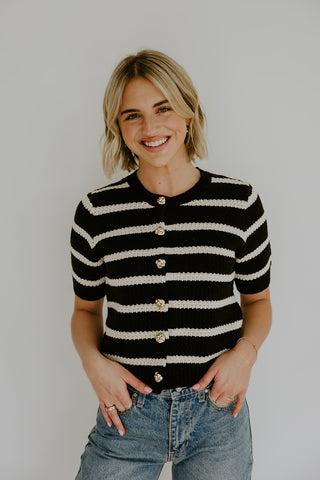 Striped Knit Short Sleeve Cardi - Mocha