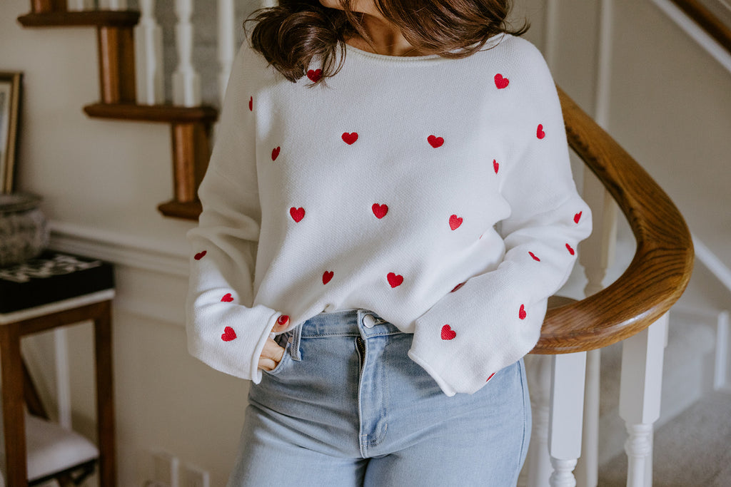 White Sweater with Red Hearts