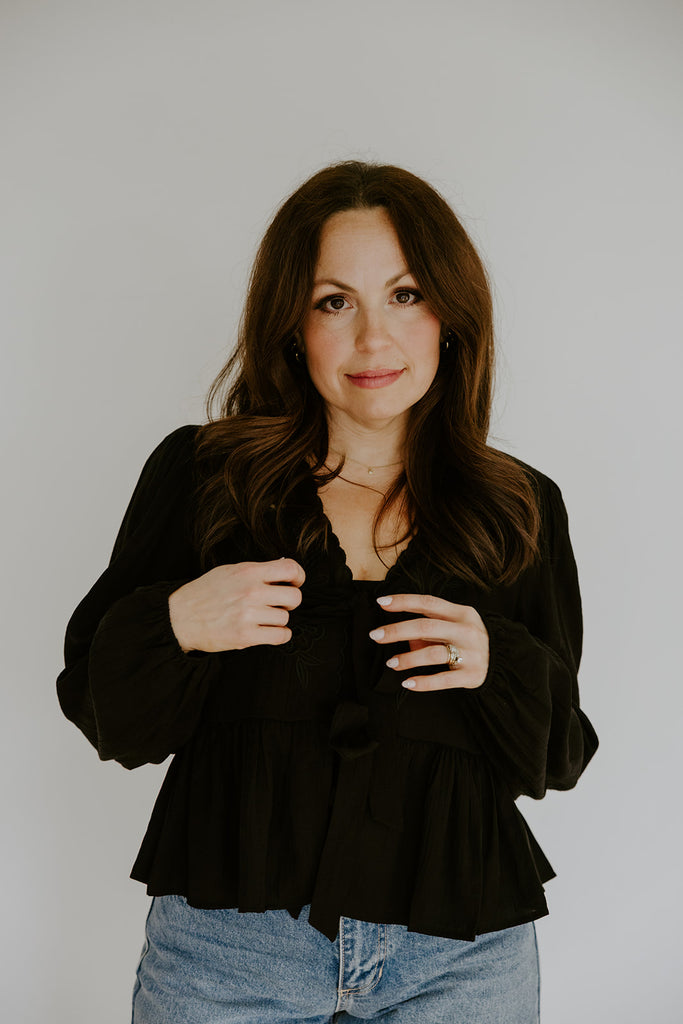 Peplum Front Tie Shirt With Embroidery - Black