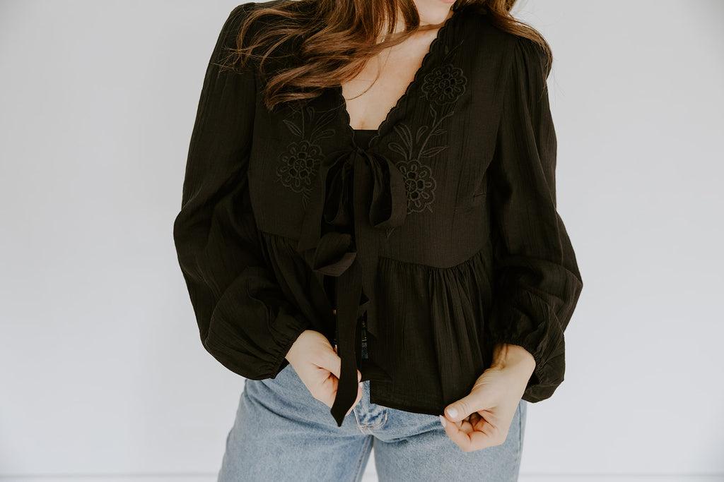 Peplum Front Tie Shirt With Embroidery - Black