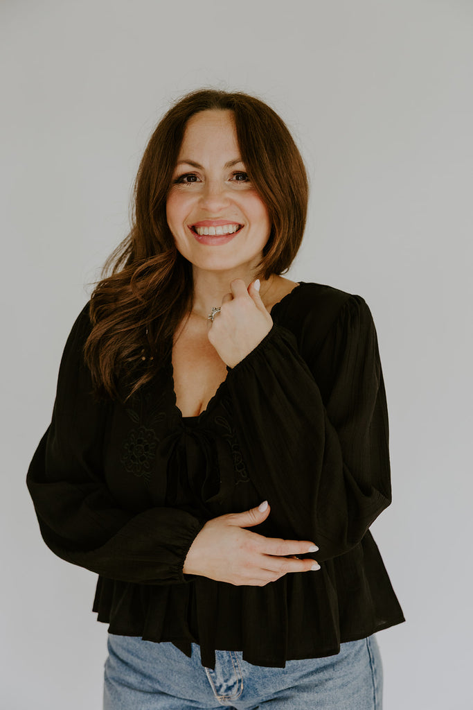 Peplum Front Tie Shirt With Embroidery - Black