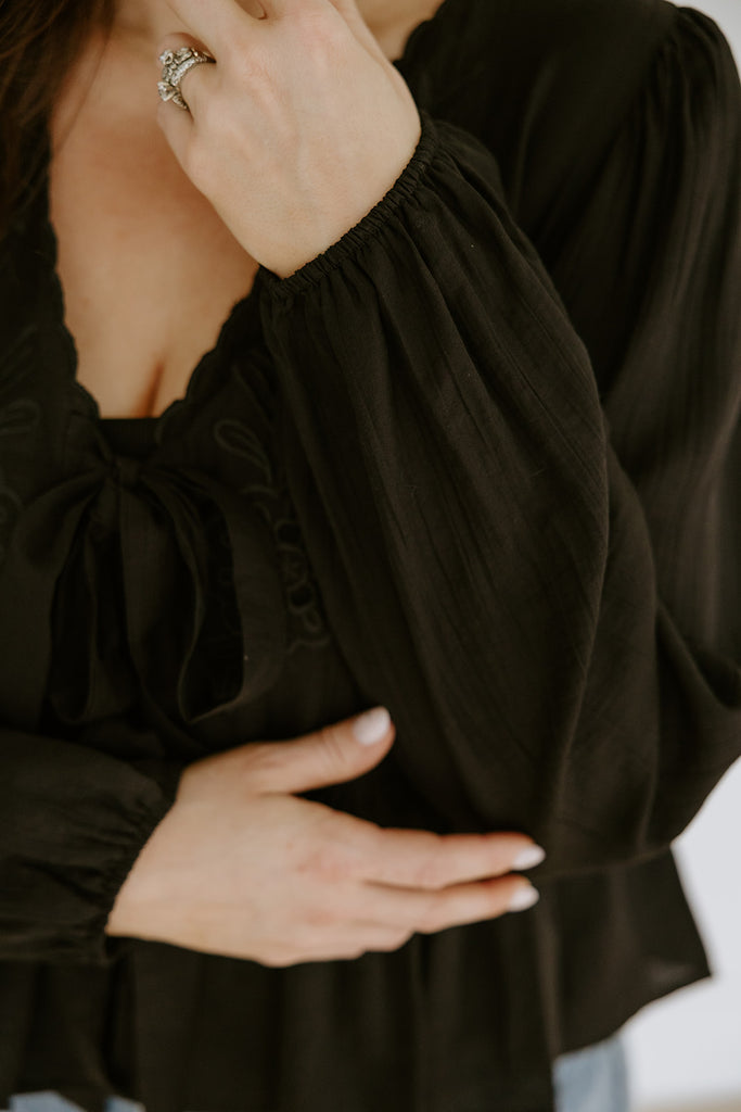 Peplum Front Tie Shirt With Embroidery - Black