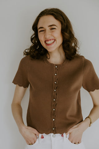 Striped Knit Short Sleeve Cardi - Mocha