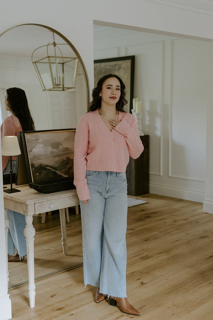 Button Up Cable Knit Cardigan - Pink