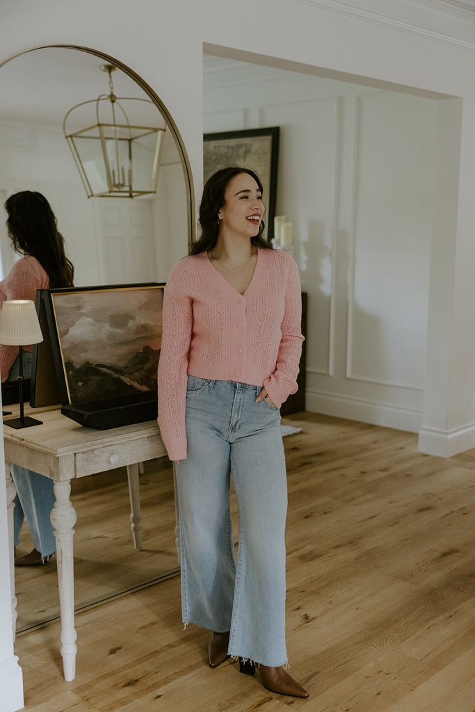 Button Up Cable Knit Cardigan - Pink