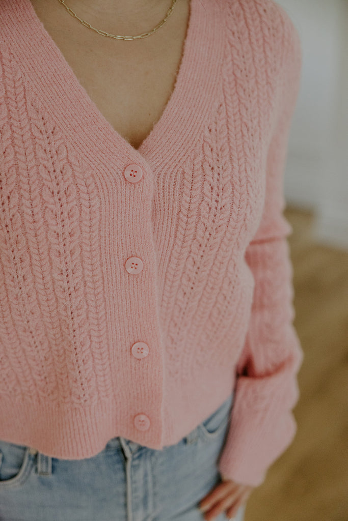Button Up Cable Knit Cardigan - Pink