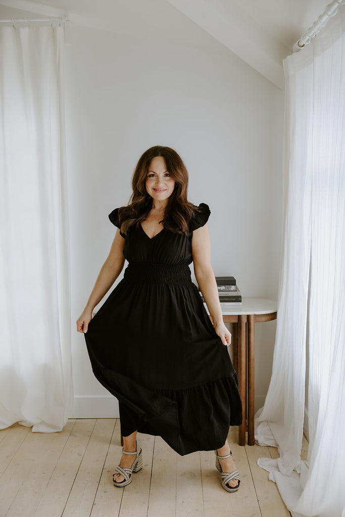 Flutter Sleeve Black Midi Dress