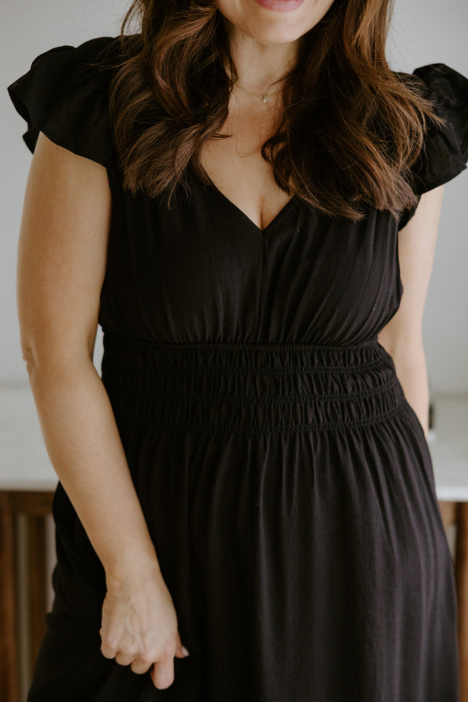 Flutter Sleeve Black Midi Dress