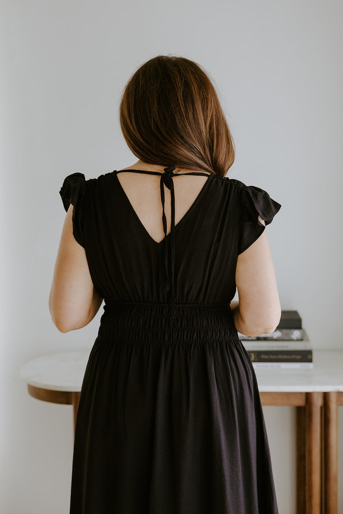 Flutter Sleeve Black Midi Dress