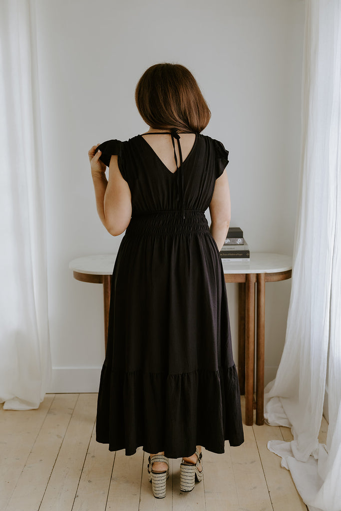 Flutter Sleeve Black Midi Dress