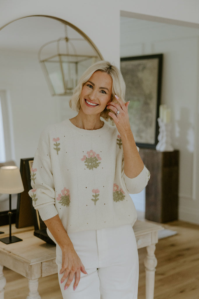 Knit Sweater With Florals - Ivory