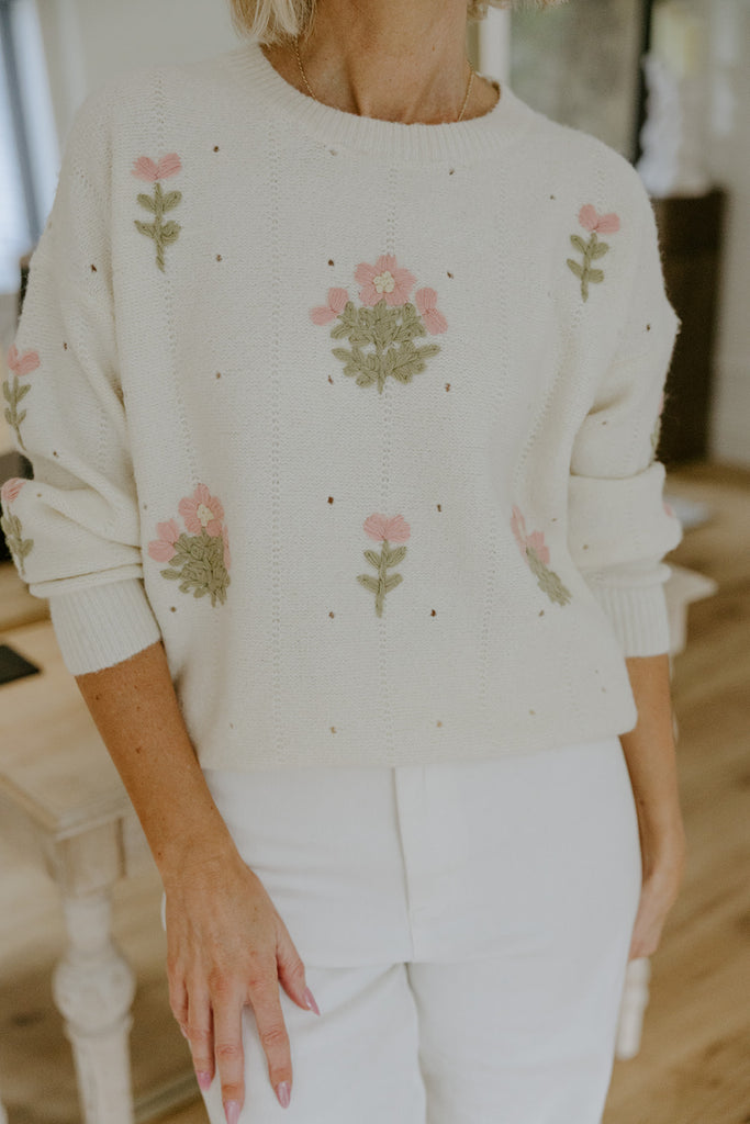Knit Sweater With Florals - Ivory