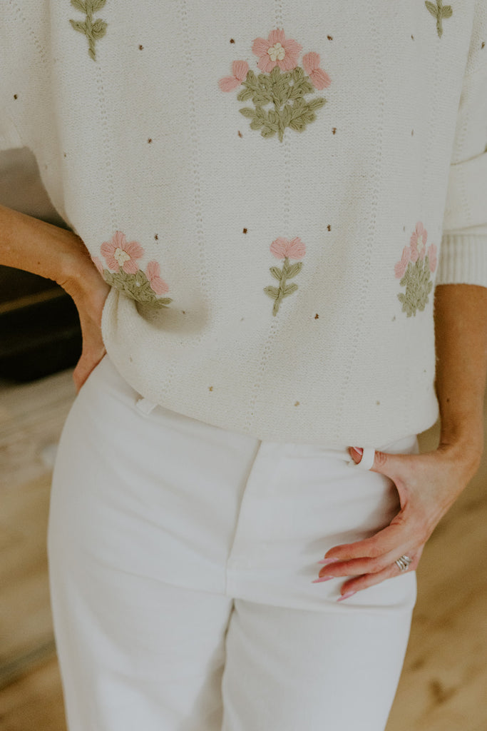 Knit Sweater With Florals - Ivory