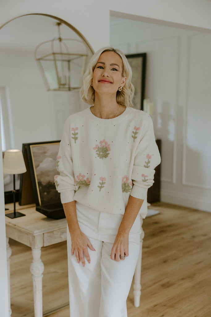 Knit Sweater With Florals - Ivory
