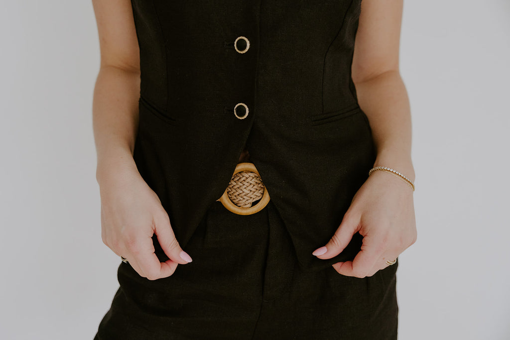 Linen Vest & Shorts Set - Black