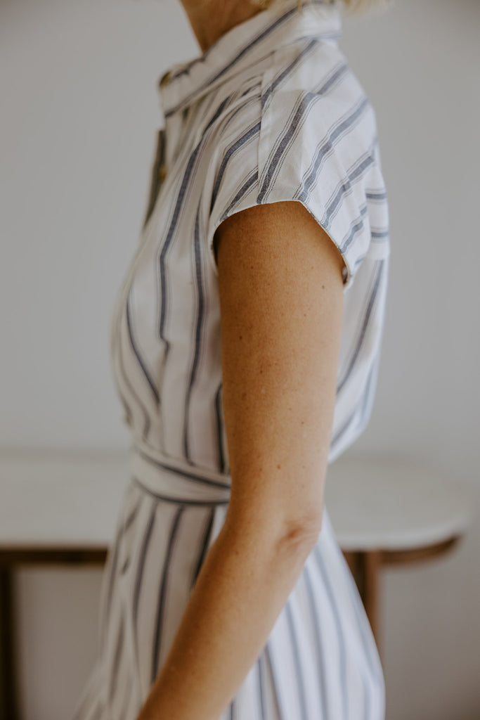 Striped Midi Linen Dress - Blue