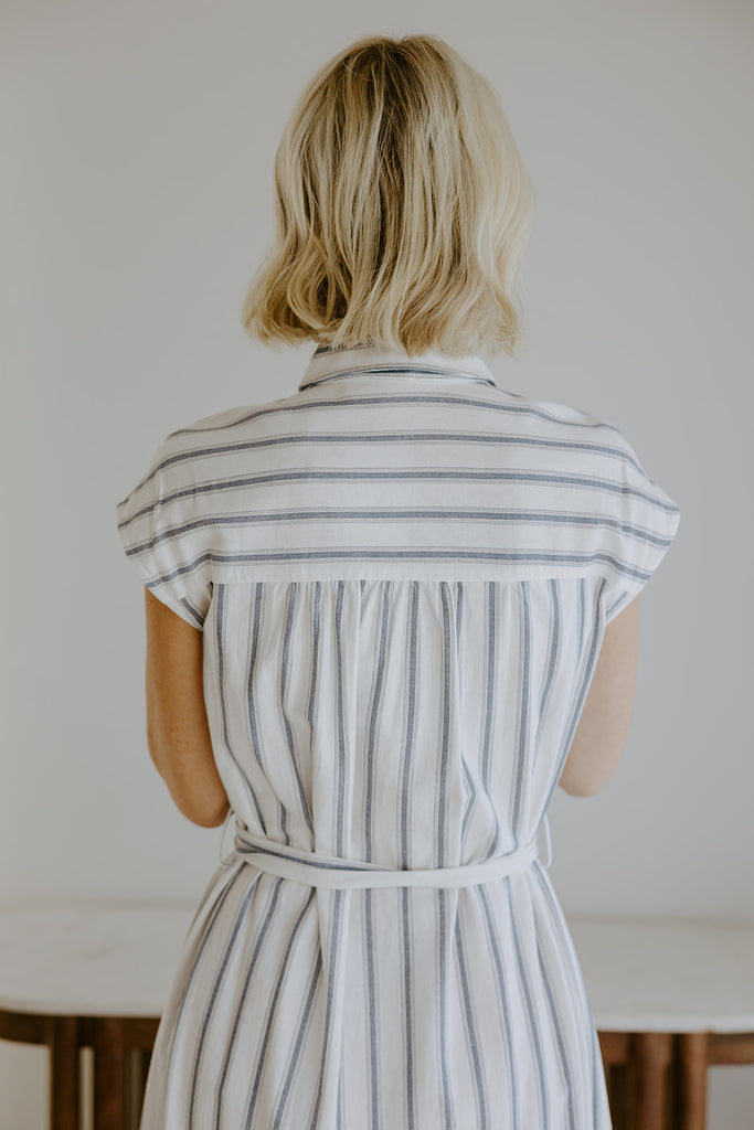 Striped Midi Linen Dress - Blue