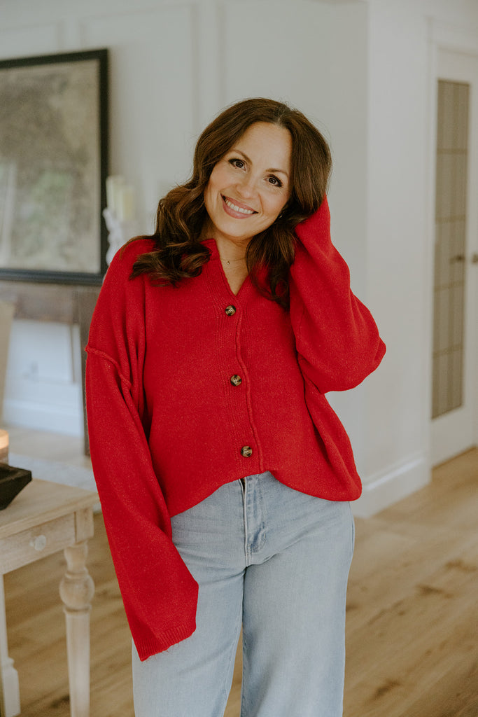 Button Up Cardigan with Exposed Seam - Red