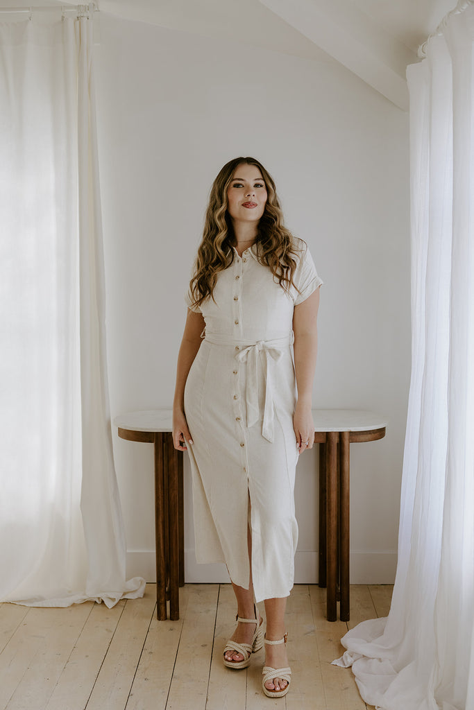 Button Down Midi Shirt Dress - Oat