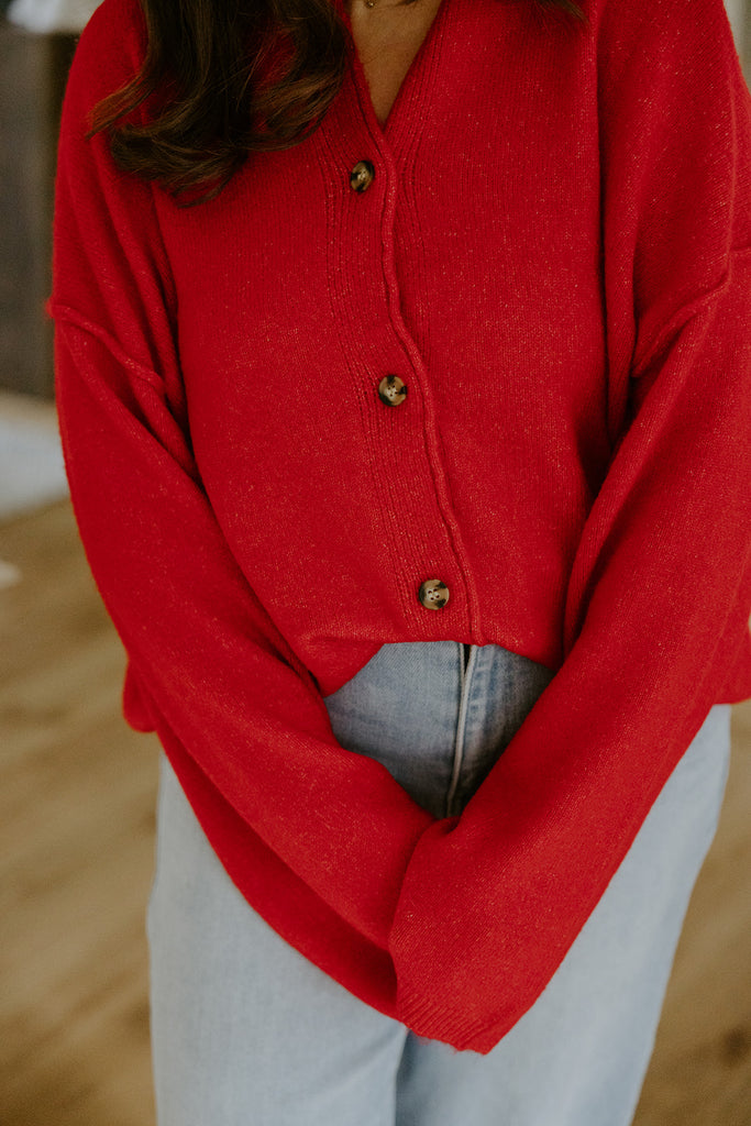 Button Up Cardigan with Exposed Seam - Red