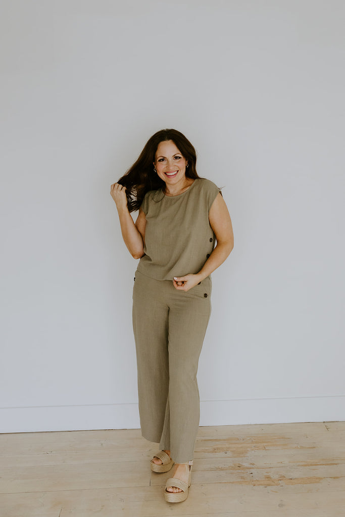 Linen Side Button Up Top & Pant Set - Olive