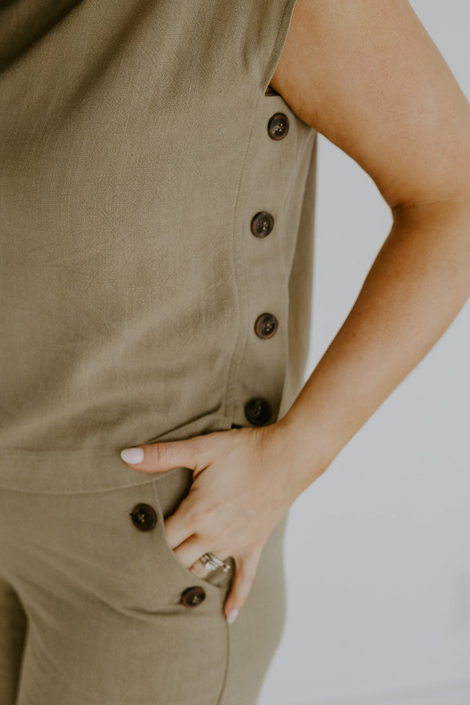 Linen Side Button Up Top & Pant Set - Olive