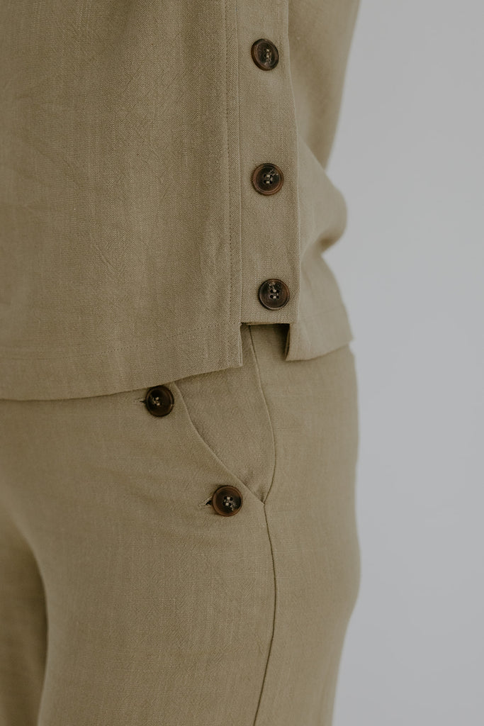 Linen Side Button Up Top & Pant Set - Olive