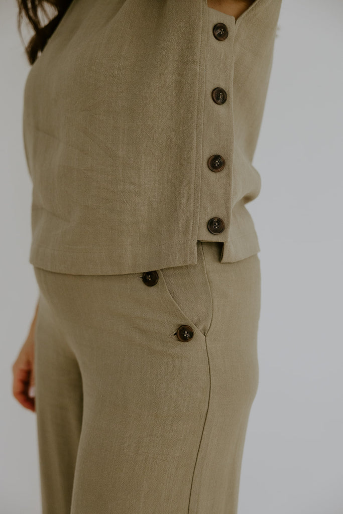 Linen Side Button Up Top & Pant Set - Olive