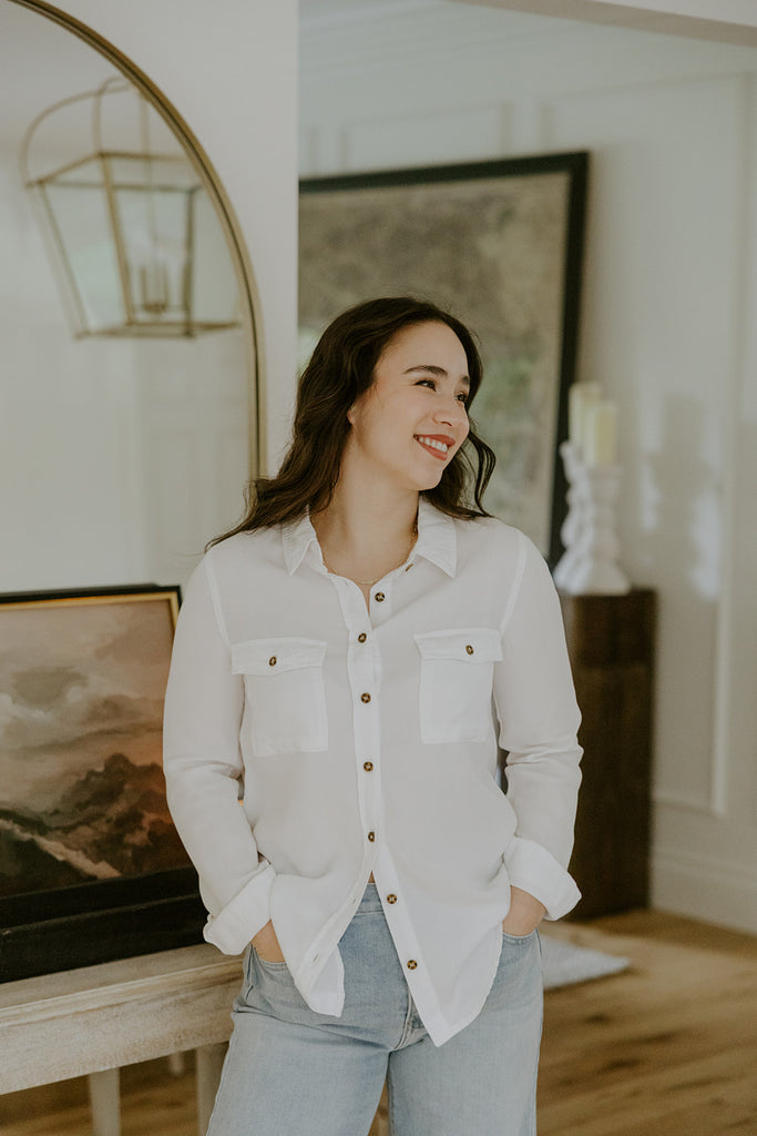 Long Sleeve Tencel Button up - White