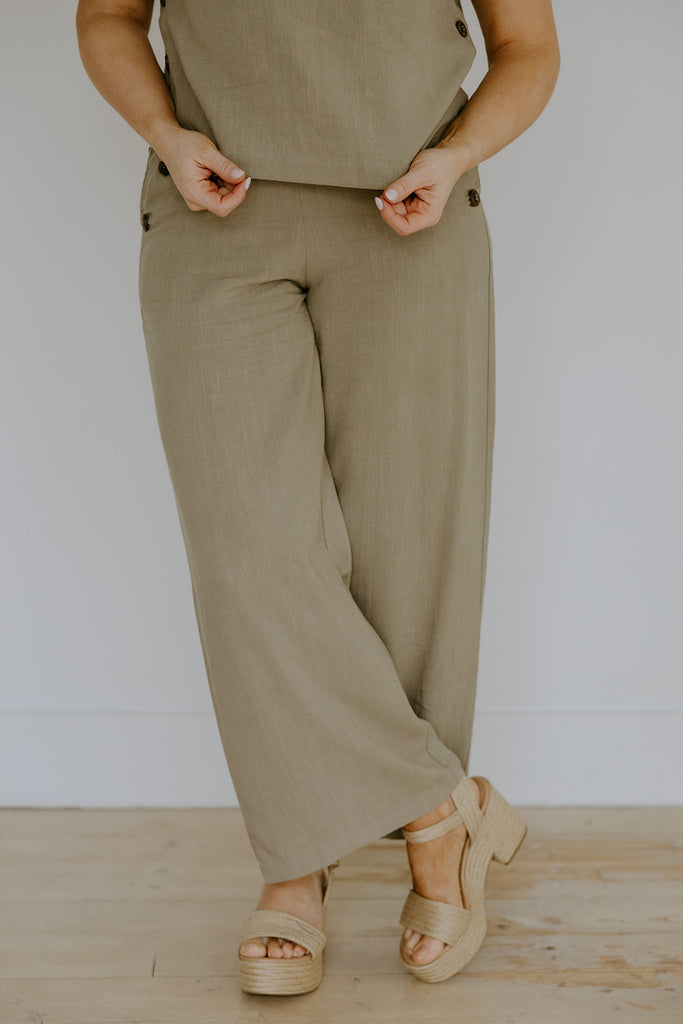 Linen Side Button Up Top & Pant Set - Olive
