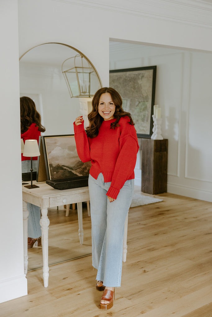 Exposed Seam Sweater with Front Seam - Red