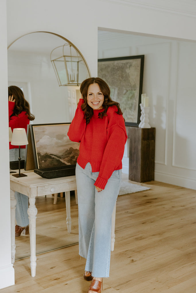 Exposed Seam Sweater with Front Seam - Red