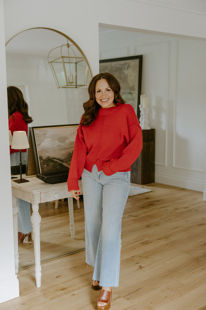 Exposed Seam Sweater with Front Seam - Red