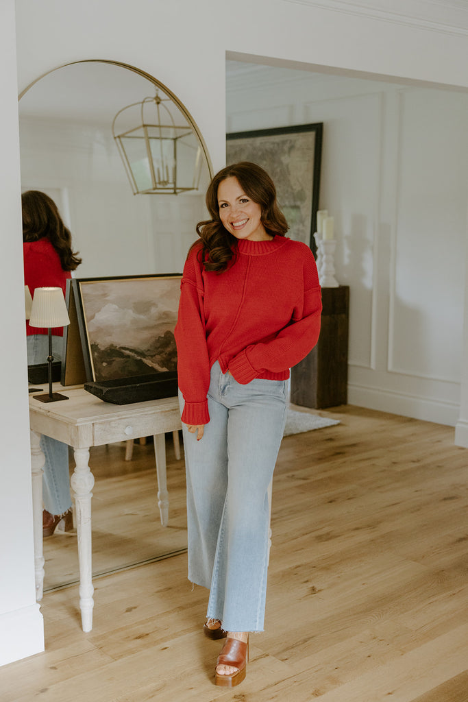 Exposed Seam Sweater with Front Seam - Red