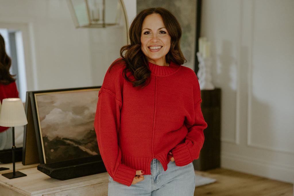 Exposed Seam Sweater with Front Seam - Red