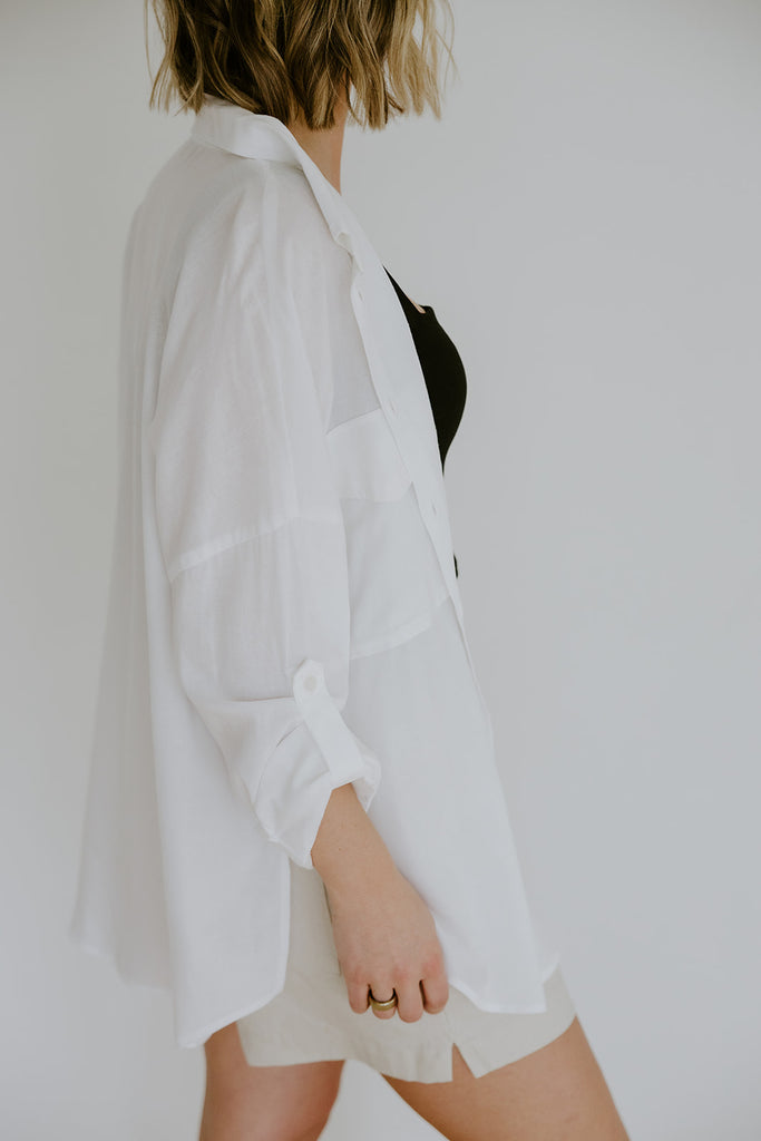 Linen Shirt with Cargo Pocket - White