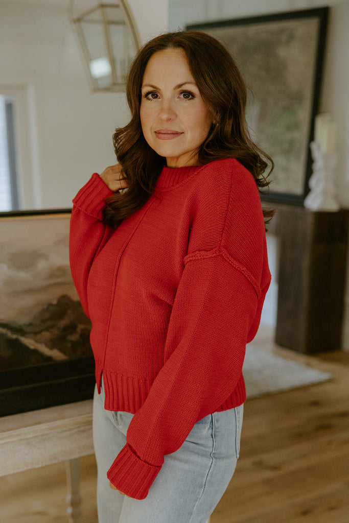 Exposed Seam Sweater with Front Seam - Red