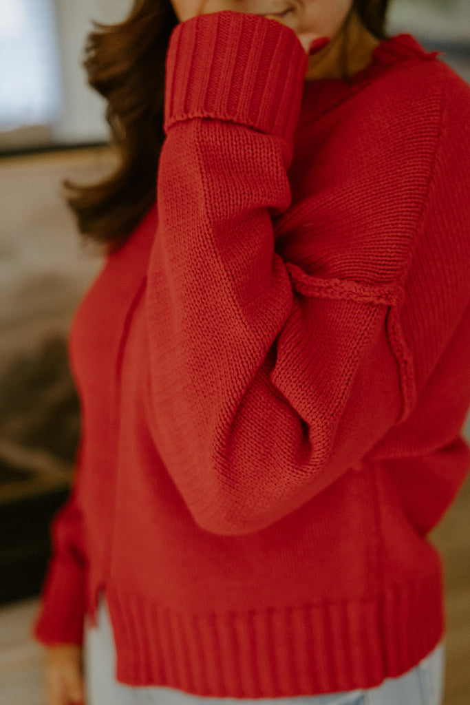 Exposed Seam Sweater with Front Seam - Red