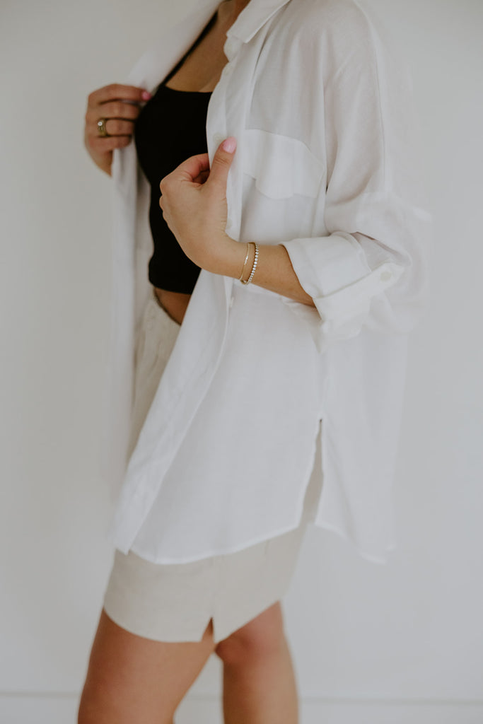 Linen Shirt with Cargo Pocket - White
