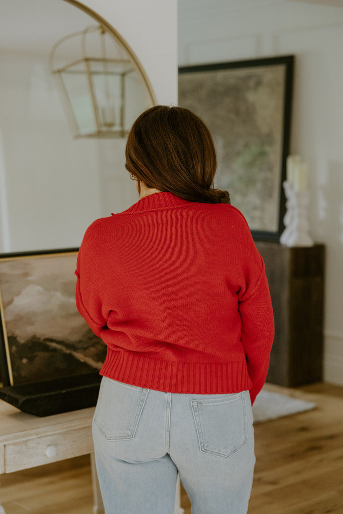 Exposed Seam Sweater with Front Seam - Red