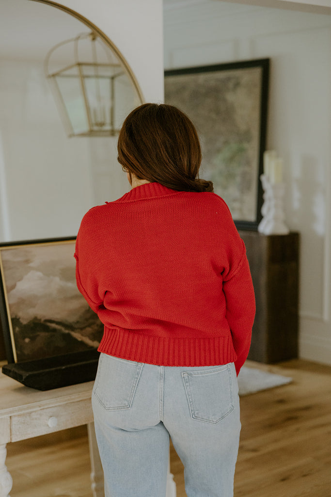 Exposed Seam Sweater with Front Seam - Red