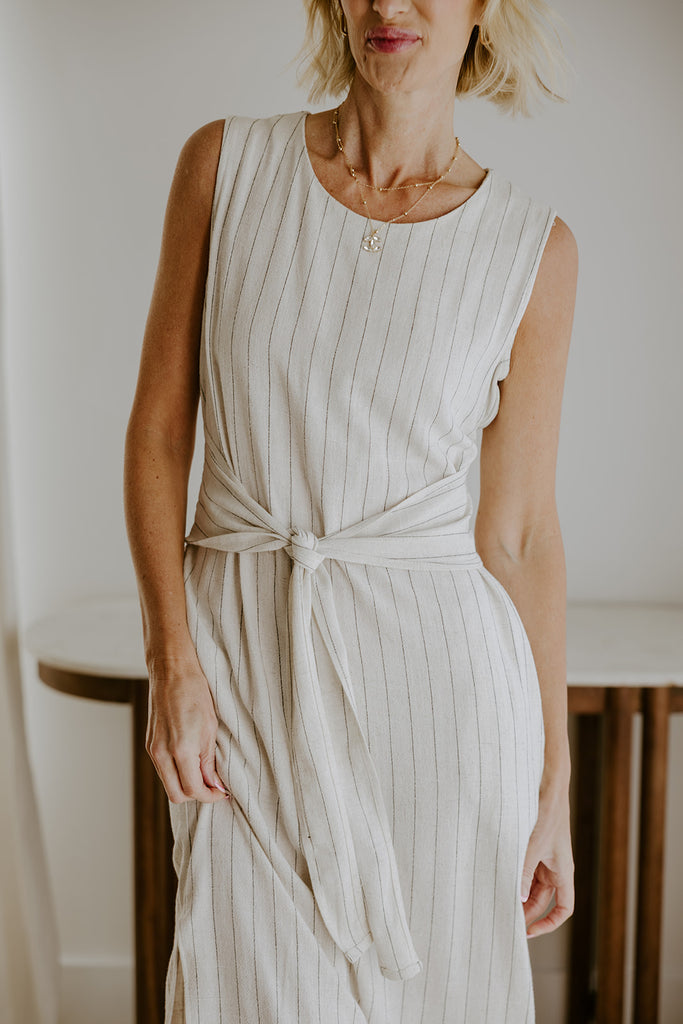 Striped Linen Dress with Smocked Back - Oat