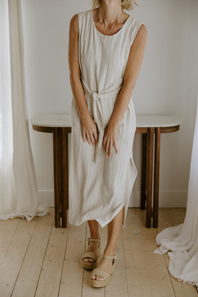 Striped Linen Dress with Smocked Back - Oat