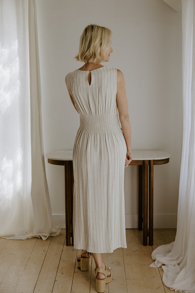 Striped Linen Dress with Smocked Back - Oat