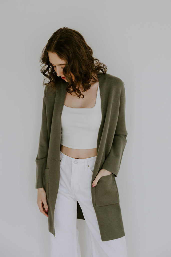 Open Cardigan with Pockets - Olive