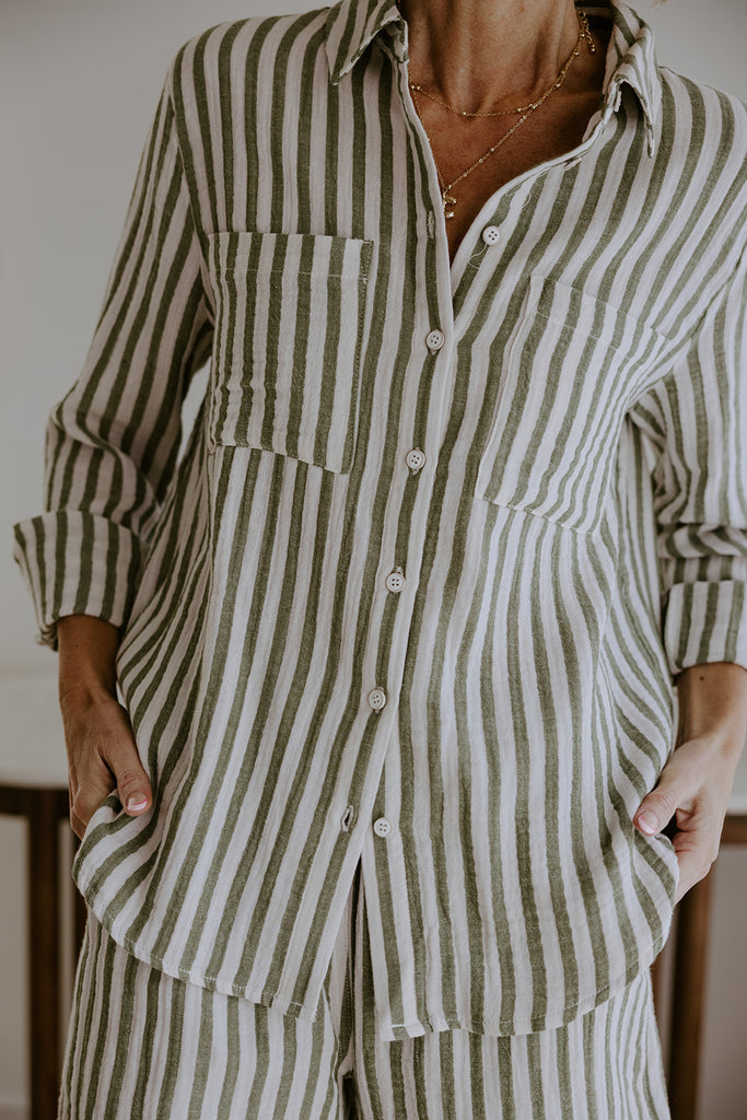 Long Sleeve Striped Button Down - Chive