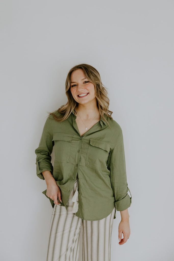 Striped Relaxed Linen Pant - Olive