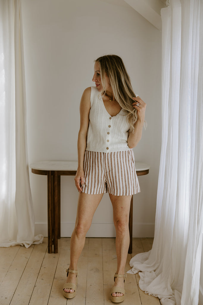 Striped Linen Short with Pocket - Brown
